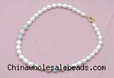 CFN318 9 - 10mm rice white freshwater pearl & morganite necklace wholesale
