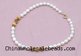 CFN319 9 - 10mm rice white freshwater pearl & golden tiger eye necklace wholesale