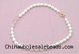 CFN322 9 - 10mm rice white freshwater pearl & rose quartz necklace wholesale