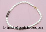 CFN323 9 - 10mm rice white freshwater pearl & smoky quartz necklace wholesale