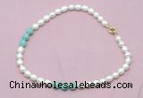 CFN325 9 - 10mm rice white freshwater pearl & amazonite necklace wholesale