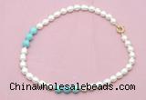 CFN326 9 - 10mm rice white freshwater pearl & blue howlite necklace wholesale