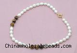 CFN328 9 - 10mm rice white freshwater pearl & yellow tiger eye necklace wholesale