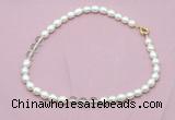 CFN331 9 - 10mm rice white freshwater pearl & white crystal necklace wholesale