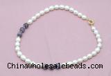 CFN333 9 - 10mm rice white freshwater pearl & dogtooth amethyst necklace wholesale