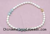 CFN335 9 - 10mm rice white freshwater pearl & aquamarine necklace wholesale