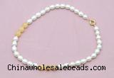 CFN342 9 - 10mm rice white freshwater pearl & honey jade necklace wholesale