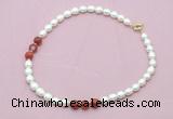 CFN344 9 - 10mm rice white freshwater pearl & red banded agate necklace wholesale