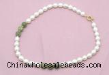 CFN348 9 - 10mm rice white freshwater pearl & China jade necklace wholesale