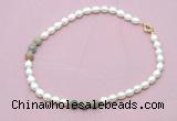 CFN357 9 - 10mm rice white freshwater pearl & serpentine jasper necklace wholesale