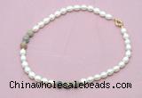 CFN357 9 - 10mm rice white freshwater pearl & serpentine jasper necklace wholesale