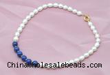 CFN403 9-10mm rice white freshwater pearl & lapis lazuli necklace