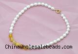 CFN405 9-10mm rice white freshwater pearl & yellow banded agate necklace