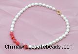 CFN406 9-10mm rice white freshwater pearl & red banded agate necklace