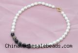 CFN408 9-10mm rice white freshwater pearl & black banded agate necklace