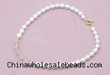 CFN414 9 - 10mm rice white freshwater pearl & rose quartz necklace