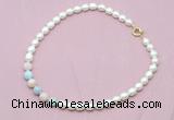 CFN415 9 - 10mm rice white freshwater pearl & morganite necklace