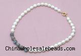 CFN418 9 - 10mm rice white freshwater pearl & labradorite necklace