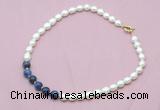 CFN420 9 - 10mm rice white freshwater pearl & sodalite necklace