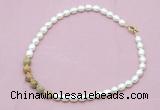 CFN425 9 - 10mm rice white freshwater pearl & yellow crazy lace agate necklace