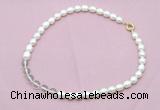 CFN431 9 - 10mm rice white freshwater pearl & white crystal necklace