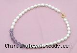 CFN432 9 - 10mm rice white freshwater pearl & amethyst gemstone necklace