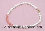 CFN434 9 - 10mm rice white freshwater pearl & cherry quartz necklace