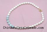 CFN435 9 - 10mm rice white freshwater pearl & aquamarine gemstone necklace