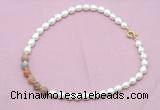 CFN437 9 - 10mm rice white freshwater pearl & rainbow moonstone necklace