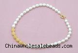 CFN442 9 - 10mm rice white freshwater pearl & honey jade necklace