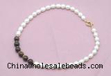 CFN446 9 - 10mm rice white freshwater pearl & bronzite gemstone necklace