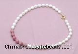 CFN453 9 - 10mm rice white freshwater pearl & pink wooden jasper necklace