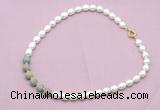 CFN457 9 - 10mm rice white freshwater pearl & serpentine jasper necklace