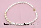 CFN459 9 - 10mm rice white freshwater pearl & white fossil jasper necklace