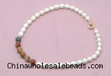 CFN460 9 - 10mm rice white freshwater pearl & picasso jasper necklace