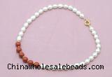 CFN461 9 - 10mm rice white freshwater pearl & red jasper gemstone necklace