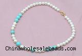 CFN519 9mm - 10mm potato white freshwater pearl & blue howlite necklace