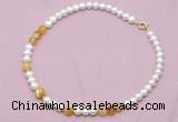 CFN522 9mm - 10mm potato white freshwater pearl & yellow banded agate necklace