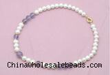 CFN532 9mm - 10mm potato white freshwater pearl & amethyst gemstone necklace