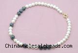 CFN539 9mm - 10mm potato white freshwater pearl & snowflake obsidian necklace
