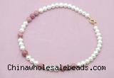CFN553 9mm - 10mm potato white freshwater pearl & pink wooden jasper necklace
