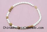 CFN556 9mm - 10mm potato white freshwater pearl & wooden jasper necklace