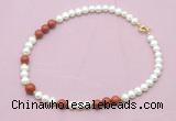 CFN561 9mm - 10mm potato white freshwater pearl & red jasper necklace