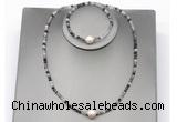 CFN611 4mm faceted round black rutilated quartz & potato white freshwater pearl jewelry set