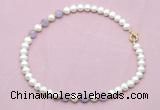 CFN703 9mm - 10mm potato white freshwater pearl & lavender amethyst necklace