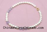 CFN706 9mm - 10mm potato white freshwater pearl & lavender amethyst necklace