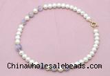 CFN707 9mm - 10mm potato white freshwater pearl & lavender amethyst necklace