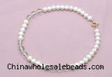 CFN710 9mm - 10mm potato white freshwater pearl & white crystal necklace