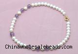 CFN712 9mm - 10mm potato white freshwater pearl & amethyst necklace