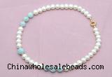 CFN716 9mm - 10mm potato white freshwater pearl & aquamarine necklace